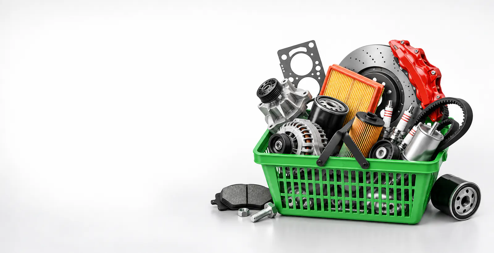 Auto parts, filters and brake parts in a shopping basket