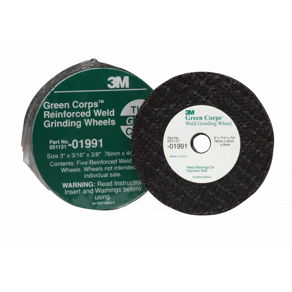 3M 01991 Green Corps Reinforced Weld Grinding Wheel, 3 in x 3/16 in x 3/8 in