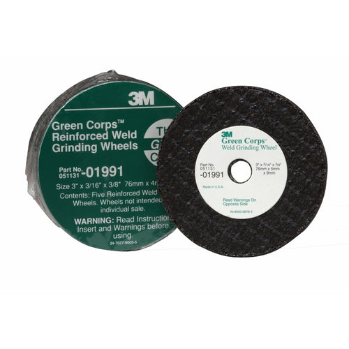 3M 01991 Green Corps Reinforced Weld Grinding Wheel, 3 in x 3/16 in x 3/8 in