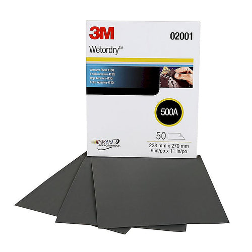 3M 02001 Wetordry Tri-M-ite Sheet, 9 in x 11 in, 500A, 50/box