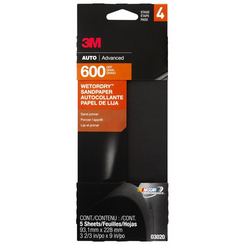 3M 03020 Wetordry Sandpaper, 3-2/3 in x 9 in, 600G 5/Sheets
