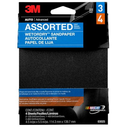 3M 03025 Wetordry Sandpaper, 4-1/2 in x 5-1/2 in, Assorted 220, 400, 800, 4/Pack