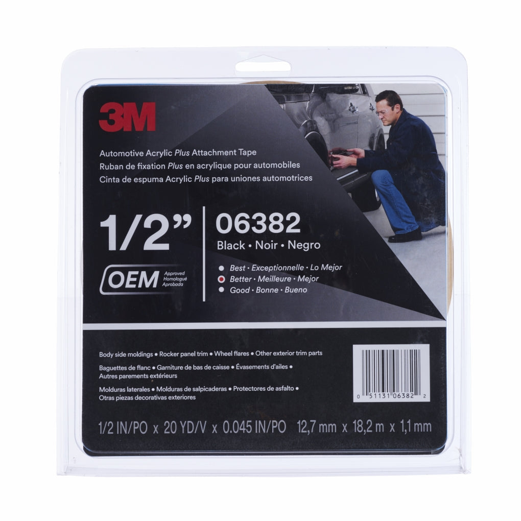 3M 06382 Automotive Acrylic Plus Attachment Tape, Black, 1/2 in x 20 yd, 45 mil