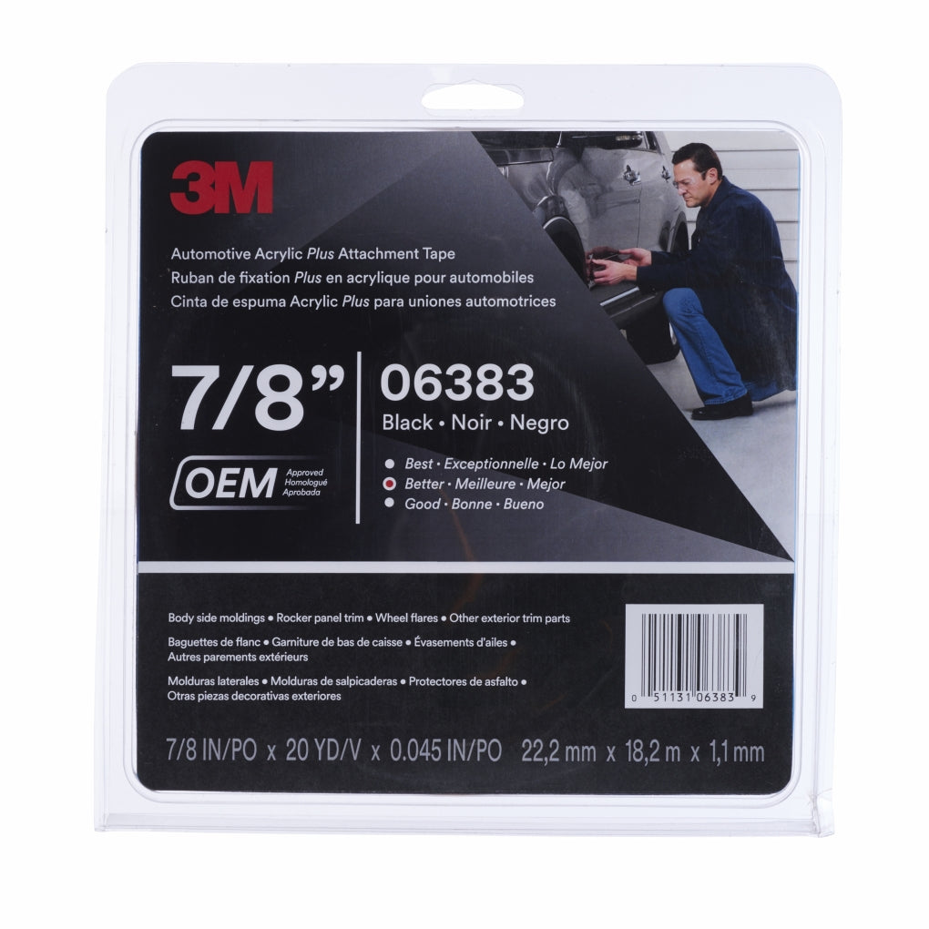 3M 06383 Automotive Acrylic Plus Attachment Tape, Black, 7/8 in x 20 yd, 45 mil