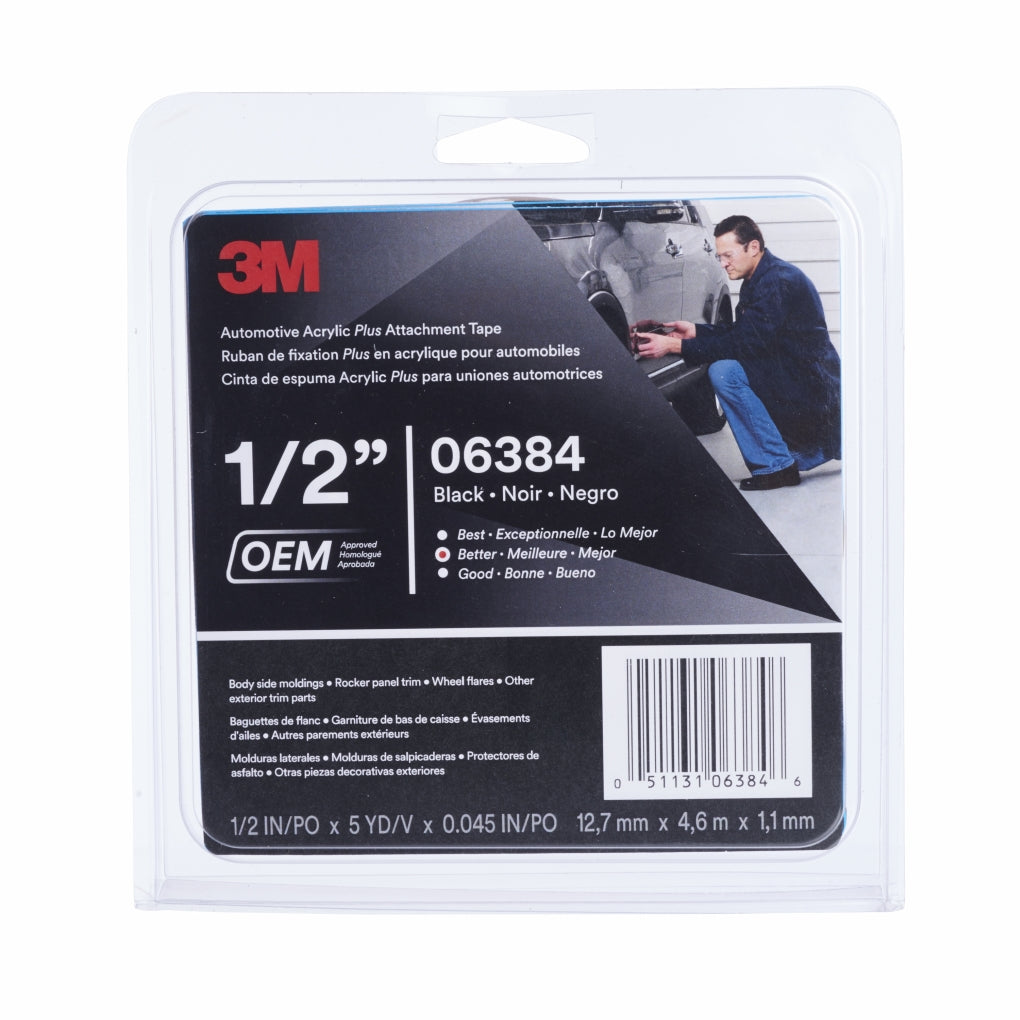 3M 06384 Automotive Acrylic Plus Attachment Tape, Black, 1/2 in x 5 yd, 45 mil