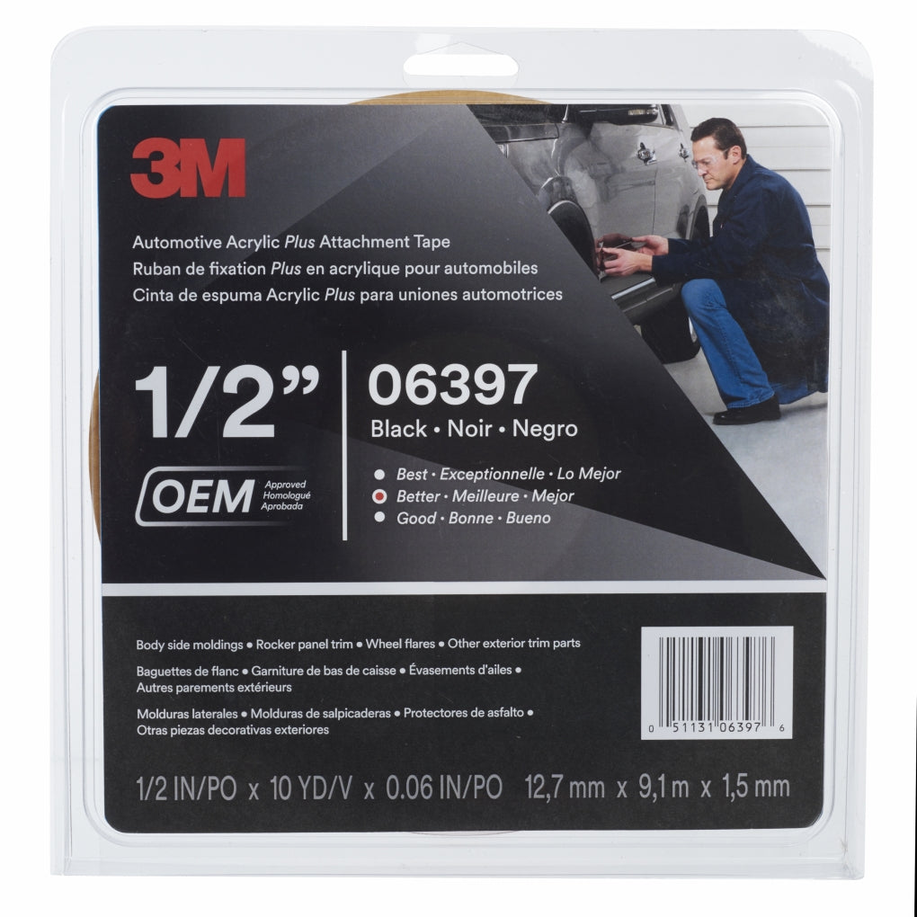 3M 06397 Automotive Acrylic Plus Attachment Tape, Black, 1/2 In X 10 Yds, 60 mil