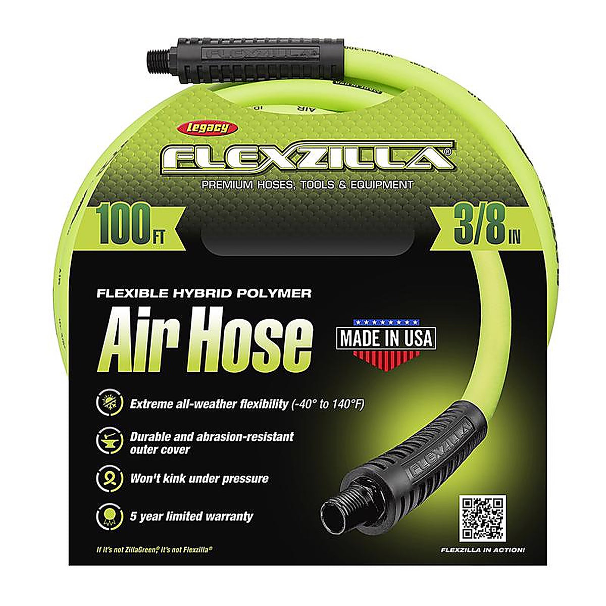 Flexzilla HFZ38100YW2 100 ft. L x 3/8 in. Dia. Hybrid Polymer Air Hose 300 psi Zilla Green