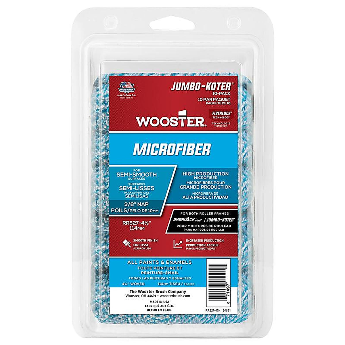 Wooster RR527-4 1/2 Jumbo Koter Microfiber 4.5 in. W x 3/8 in. Mini Paint Roller Cover 10/Pack