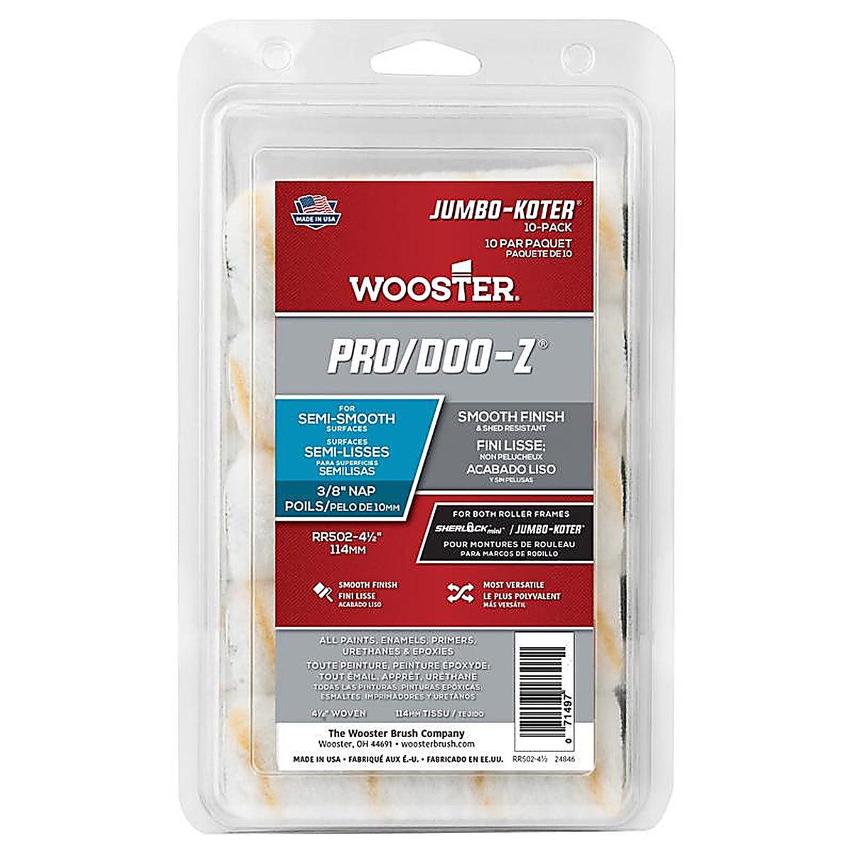 Wooster RR502-4 1/2 Jumbo-Koter Fabric 4.5 in. W x 3/8 in. Mini Paint Roller Cover 10/Pack