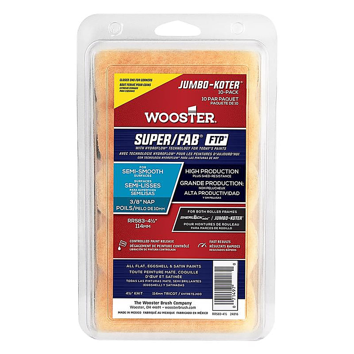 Wooster RR583-4 1/2 Super/FAB 4.5 in. W x 3/8 in. Jumbo Paint Roller Cover 10/Pack