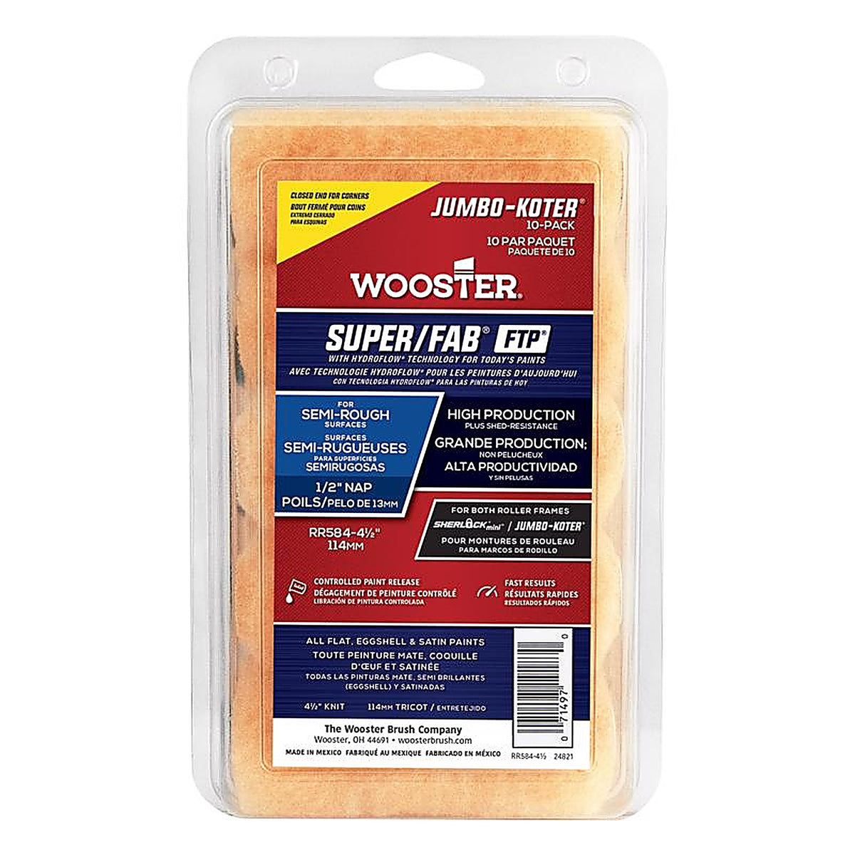 Wooster RR584-4 1/2 Super/FAB 4.5 in. W x 1/2 in. Jumbo Paint Roller Cover 10/Pack