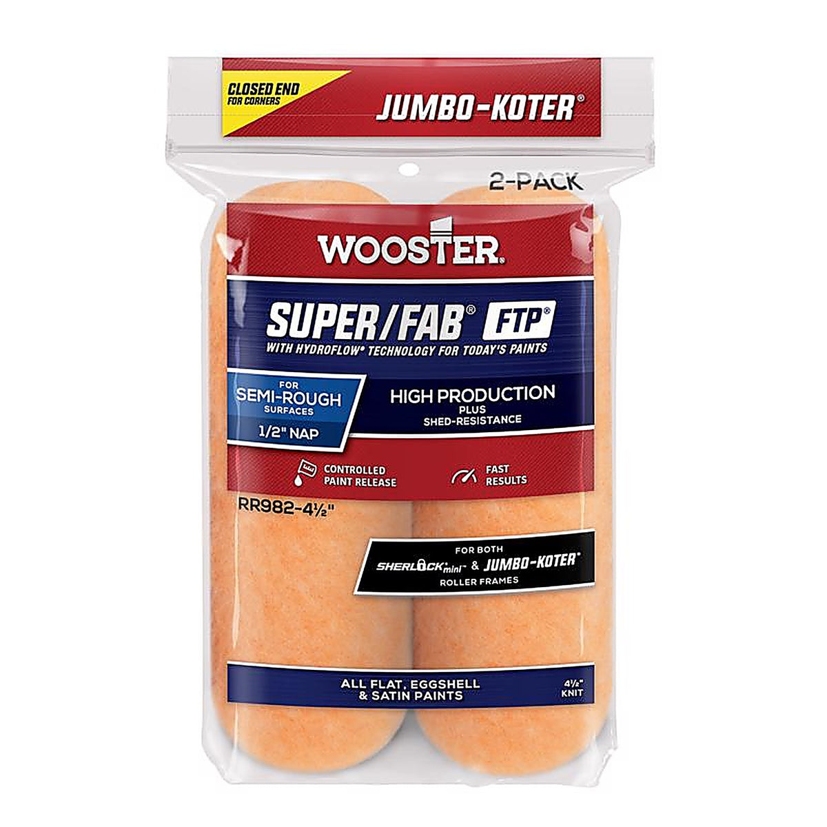 Wooster RR982-4 1/2 Super/Fab 4-1/2 in. W x 1/2 in. Jumbo Paint Roller Cover 2/Pack