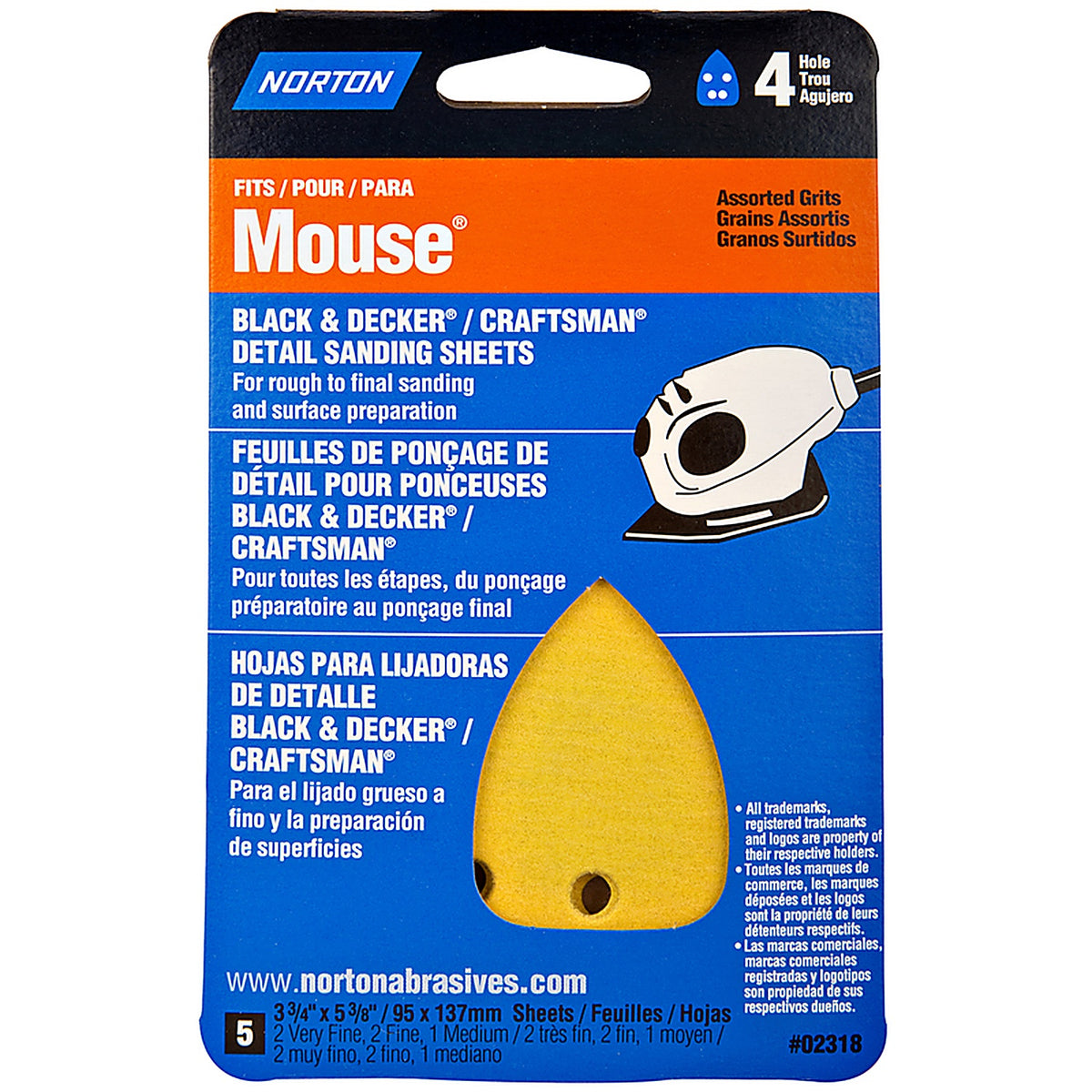 Norton 7660702318 MultiSand 5-3/8 L x 3-3/4 W Aluminum Oxide Mouse Sandpaper 5/Pack