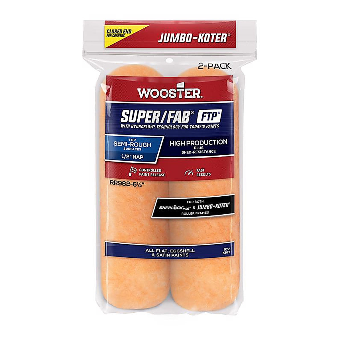 Wooster RR982-6 1/2 SUPER/FAB Knit 6.5 in. W x 1/2 in. Jumbo-Koter Paint Roller Cover 2/Pack