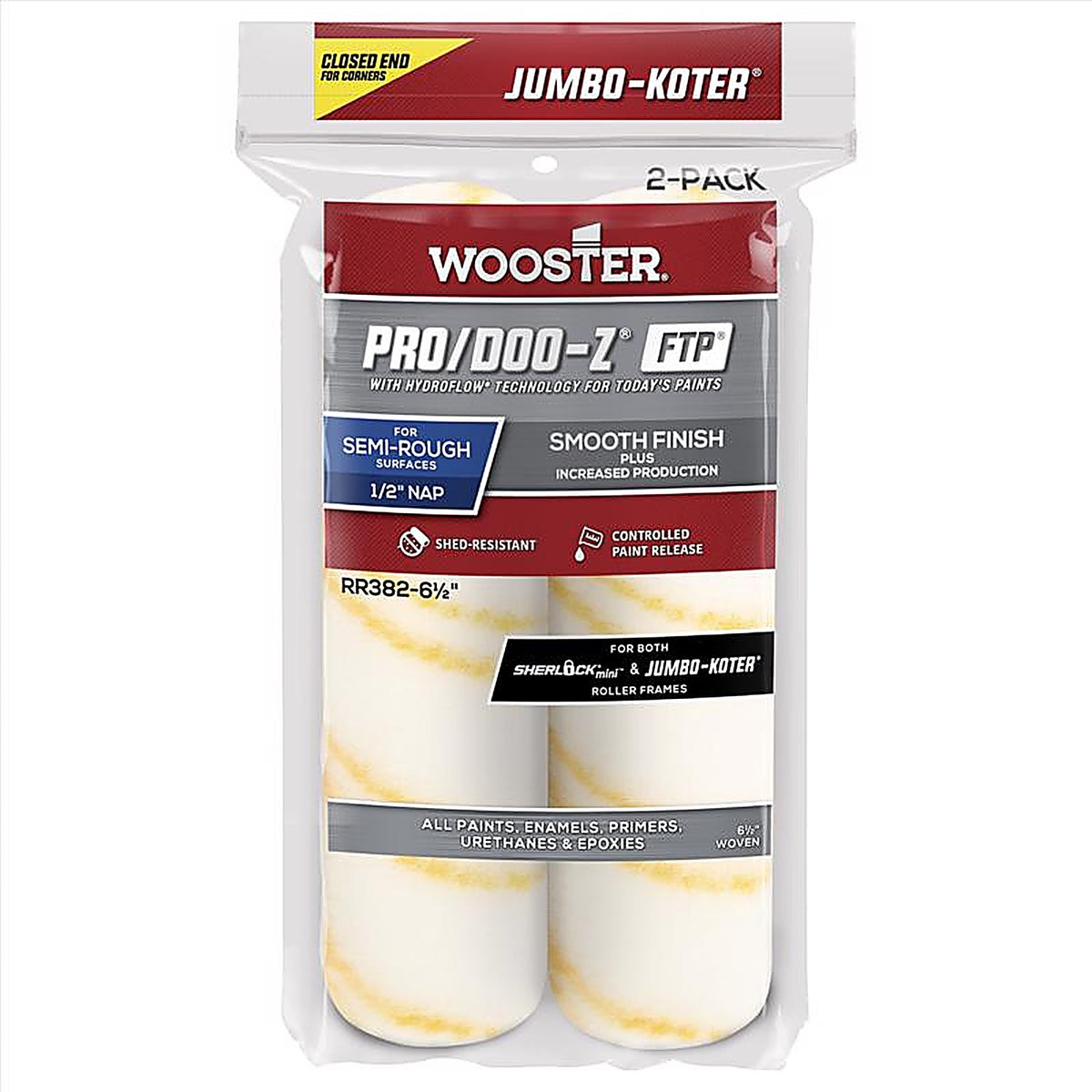 Wooster RR382-6 1/2 PRO/DOO-Z Woven 6.5 in. W x 1/2 in. Jumbo-Koter Paint Roller Cover 2/Pack