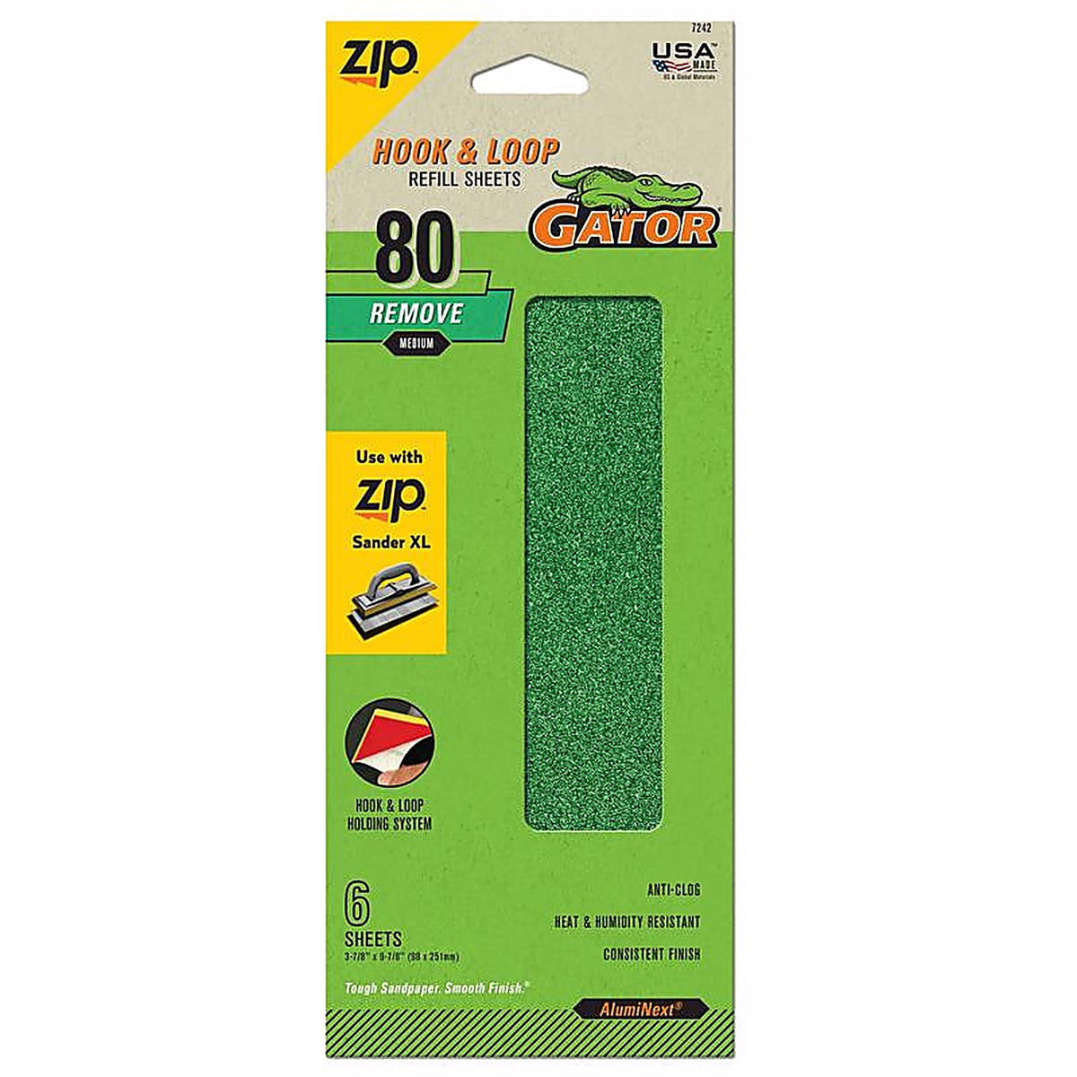 Gator 7242 Zip XL 9-1/2 in. L x 3-1/2 in. W 80 Grit Aluminum Oxide Sanding Sheet 6/Pack