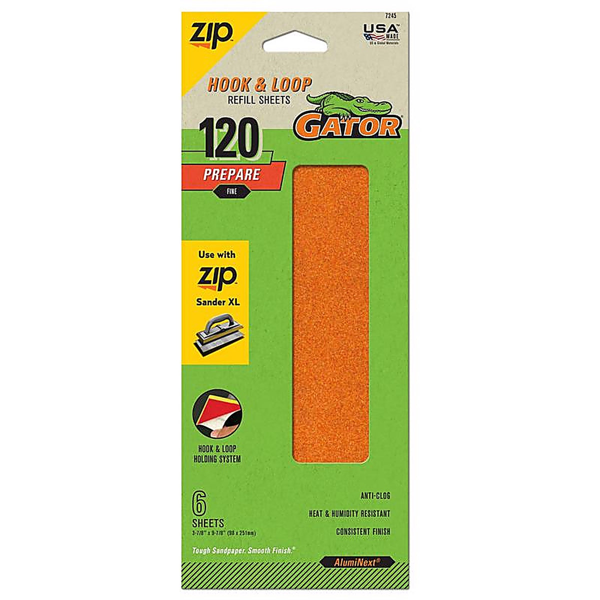 Gator 7245 Zip XL 9-1/2 in. L x 3-1/2 in. W 120 Grit Aluminum Oxide Sanding Sheet 6/Pack