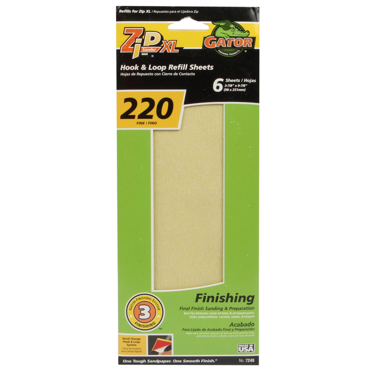 Gator 7249 Zip XL 9-1/2 in. L x 3-1/2 in. W 220 Grit Aluminum Oxide Sanding Sheet 6/Pack