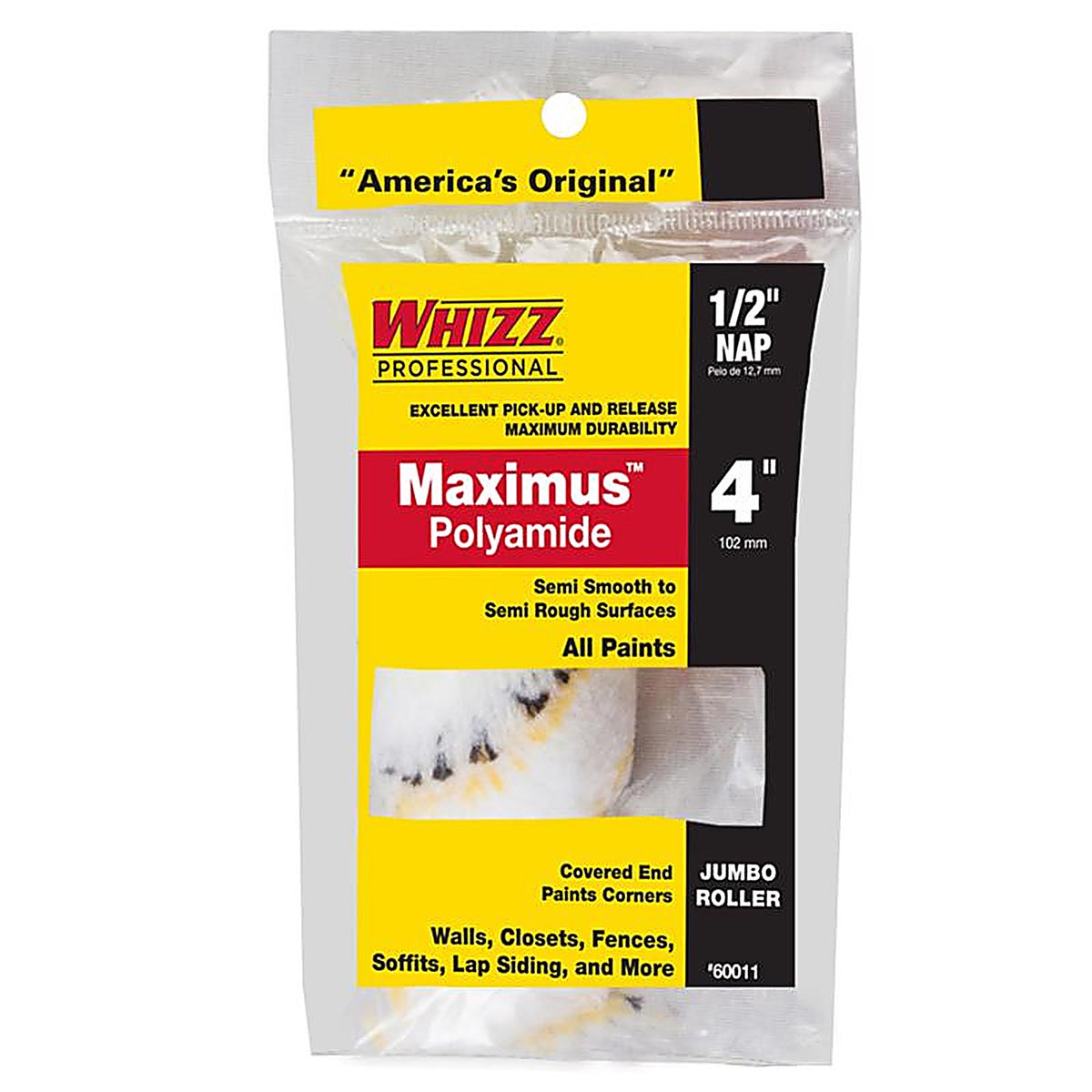 Whizz 60011 Maximus Polyamide Fabric 4 in. W x 1/2 in. Jumbo Mini Paint Roller Cover 1/Pack