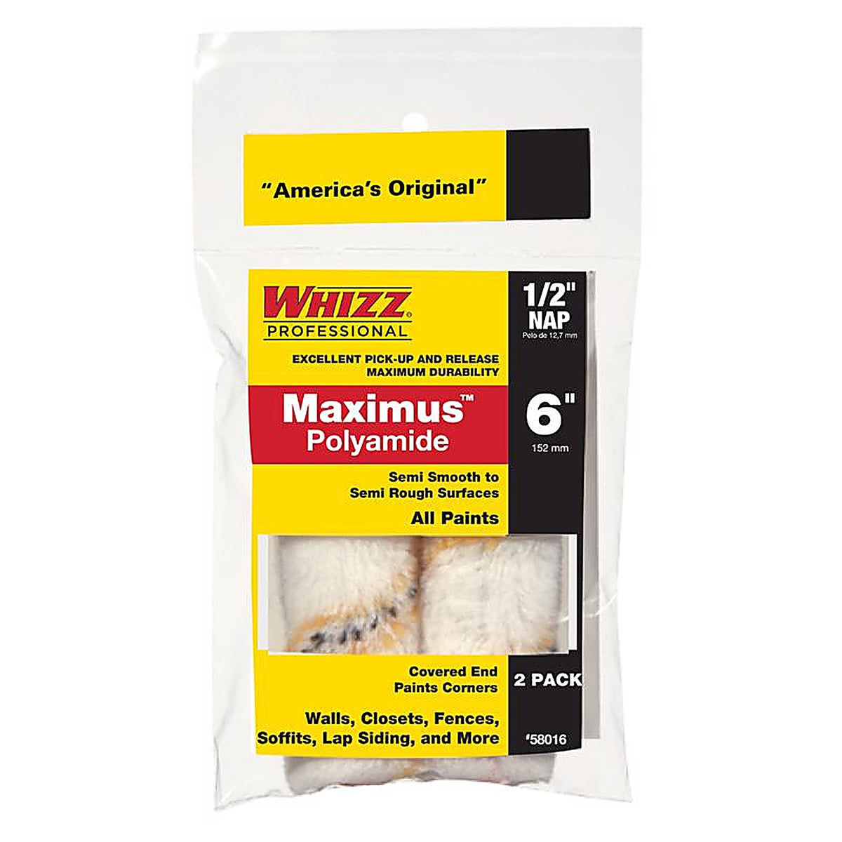 Whizz 58016 Maximus Polyamide Fabric 6 in. W x 1/2 in. Mini Paint Roller Cover 2/Pack