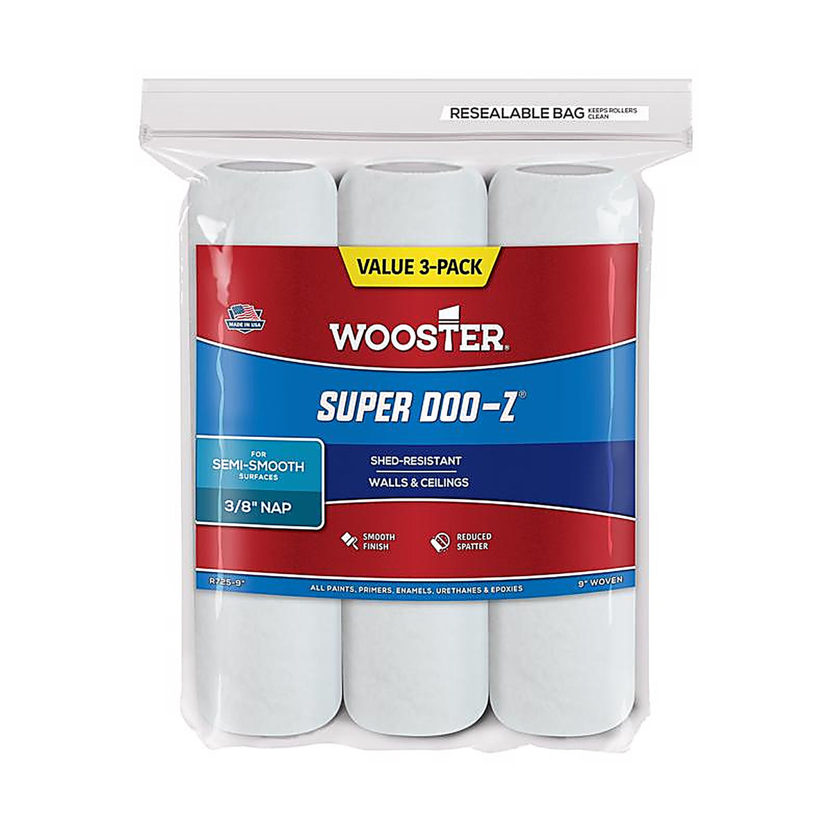 Wooster R725-9 Super Doo-Z Fabric 9 in. W x 3/8 in. Paint Roller Cover 3/Pack