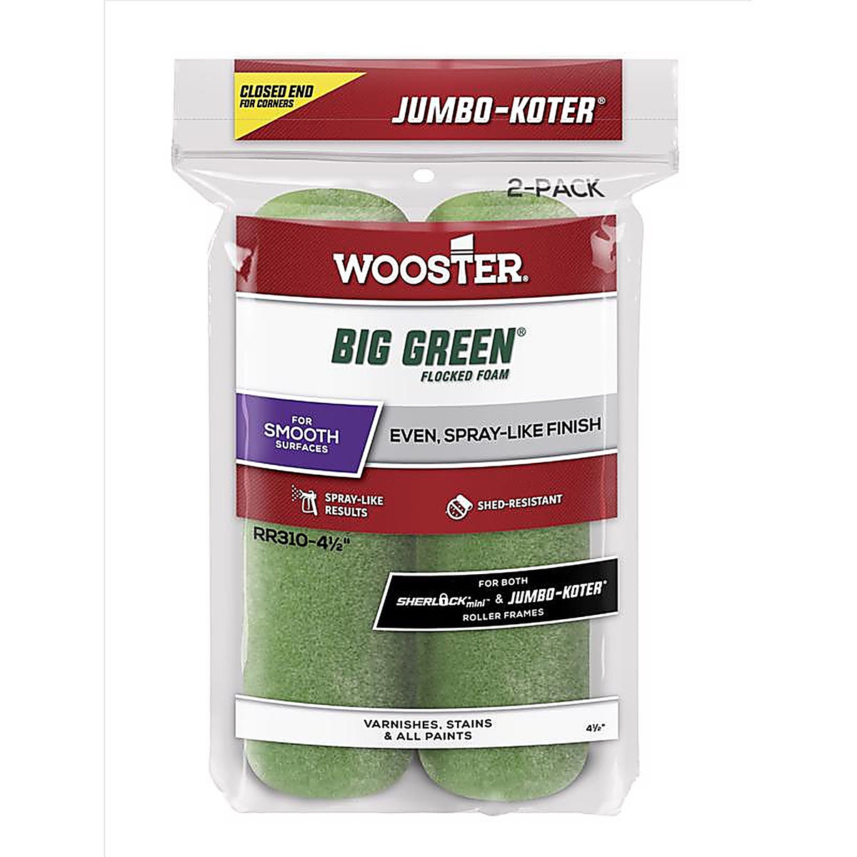 Wooster RR310-4 1/2 Big Green Flocked Foam 4-1/2 in. W x 3/8 in. Trim Paint Roller Cover 2/Pack