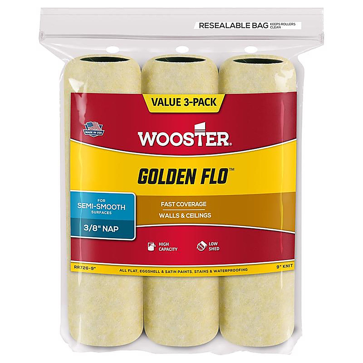 Wooster RR726-9 Golden Flo Fabric 9 in. W x 3/8 in. Paint Roller Cover 3/Pack