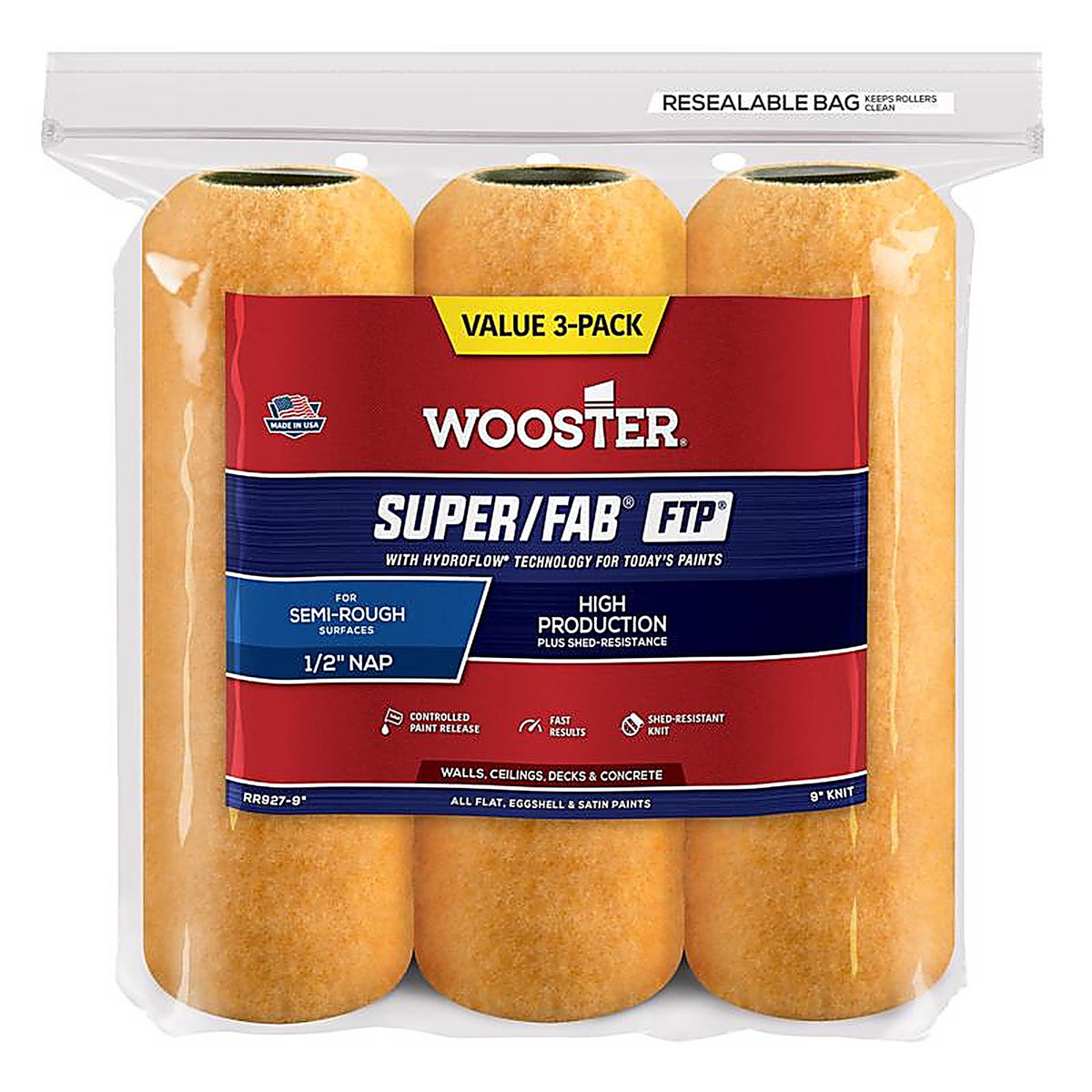 Wooster RR927-9 Super/Fab FTP Synthetic Blend 9 in. W x 1/2 in. Paint Roller Cover 3/Pack