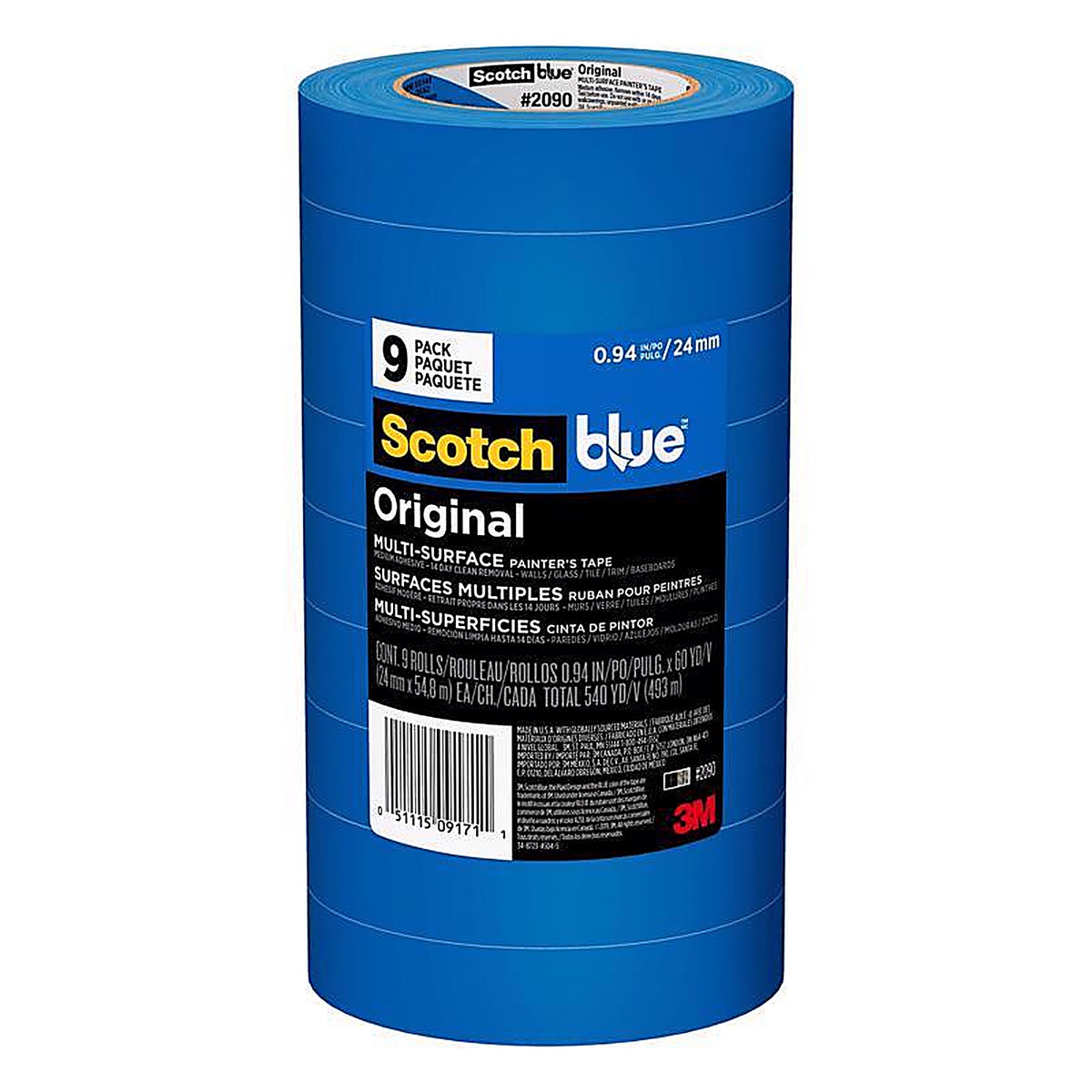 3M 2090-24AP9 ScotchBlue .94 in. W x 60 yd. L Blue Medium Strength Painter's Tape 9/Pack