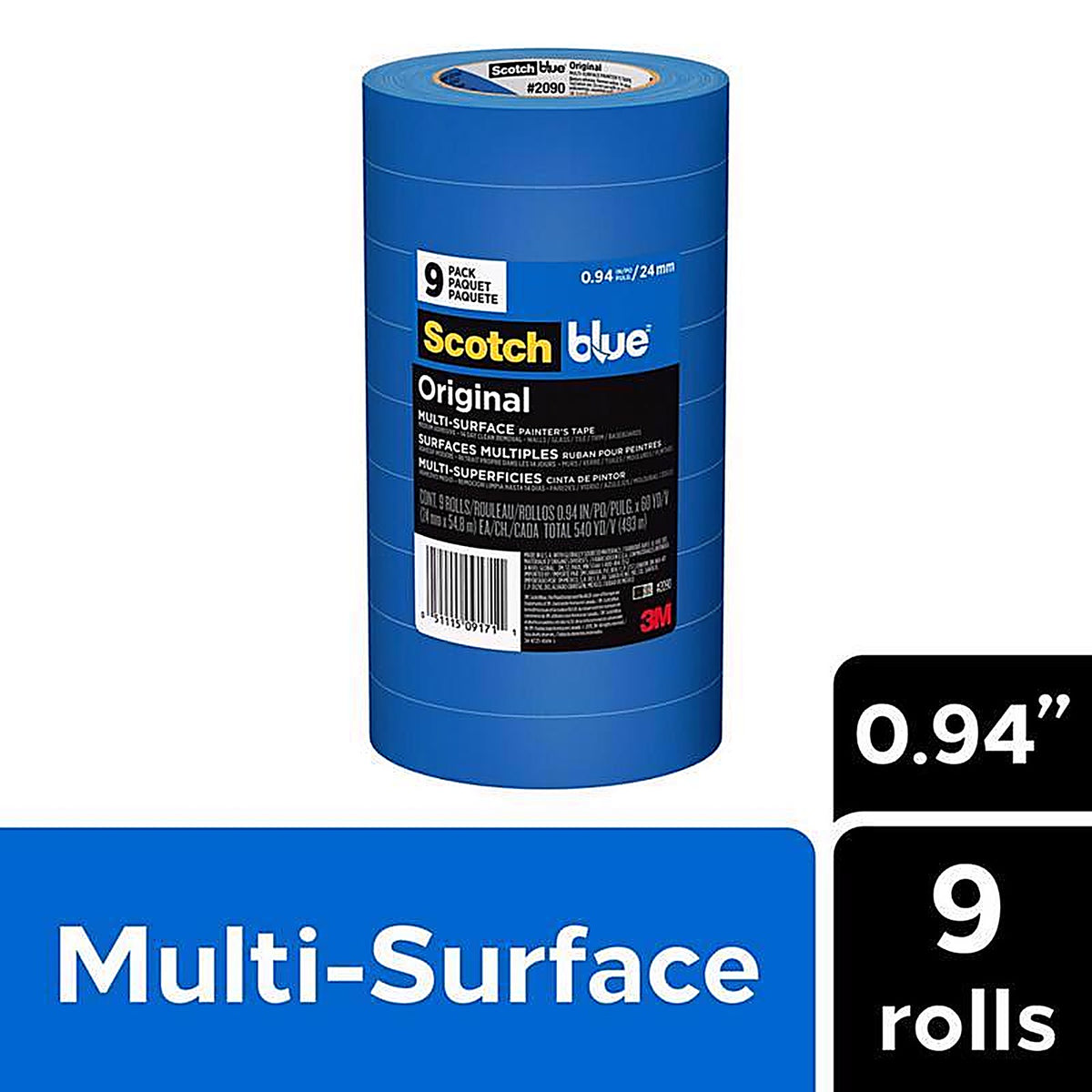 3M 2090-24AP9 ScotchBlue .94 in. W x 60 yd. L Blue Medium Strength Painter's Tape 9/Pack