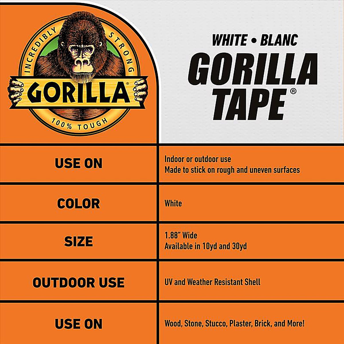 Gorilla 6010002 1.88 in. W x 10 yd. L Tape White