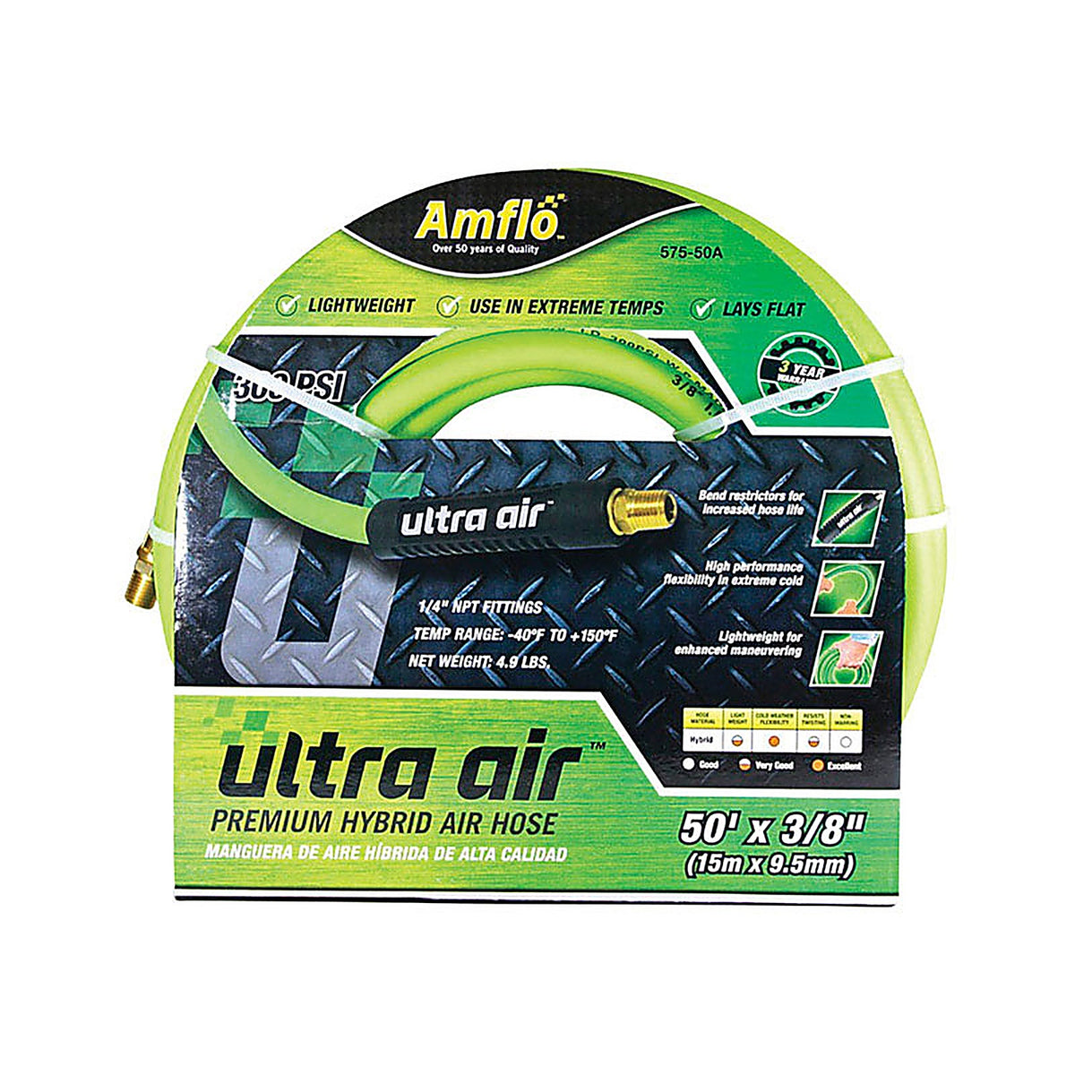 Amflo 575-50A Ultra Air 50 ft. L x 3/8 in. Dia. Rubber/PVC Hybrid Air Hose 300 psi Yellow