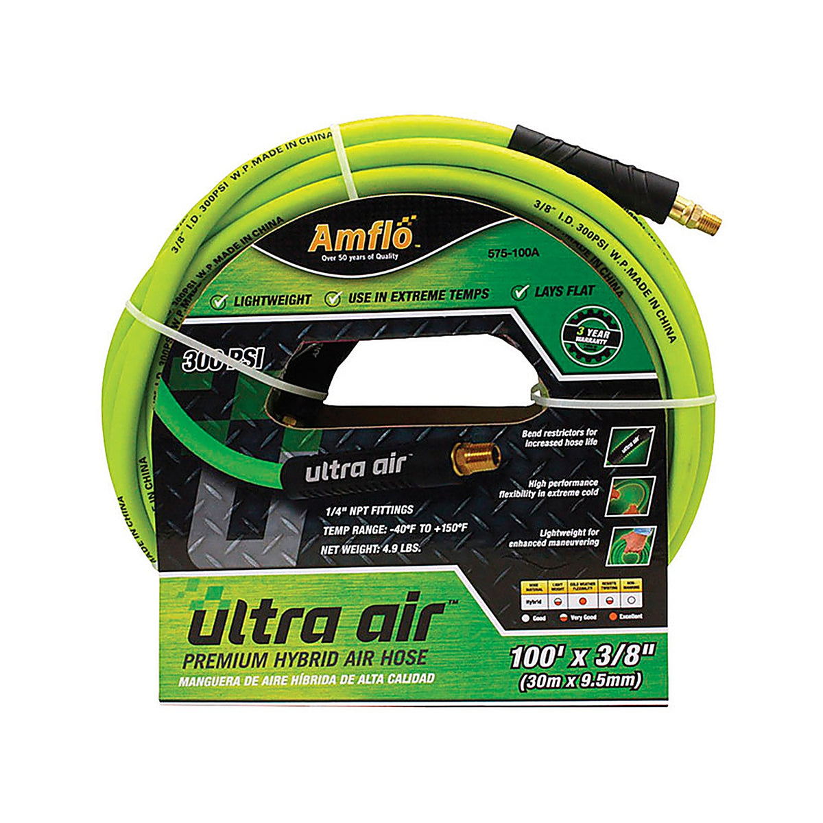 Amflo 575-100A Ultra Air 100 ft. L x 3/8 in. Dia. Rubber/PVC Hybrid Air Hose 300 psi Green