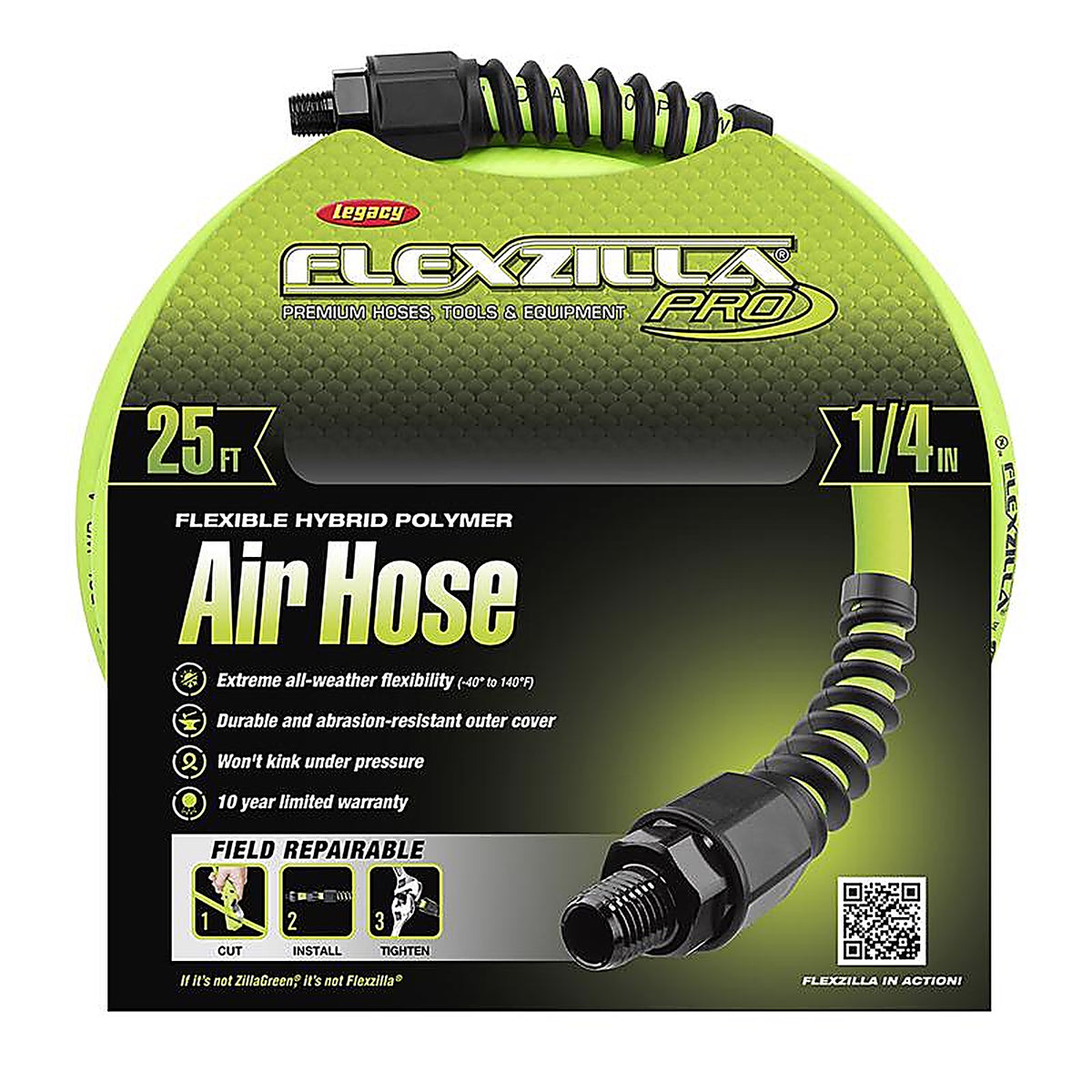 Flexzilla HFZP1425YW2 Pro 25 ft. L x 1/4 in. Dia. Hybrid Polymer Air Hose 300 psi Zilla Green