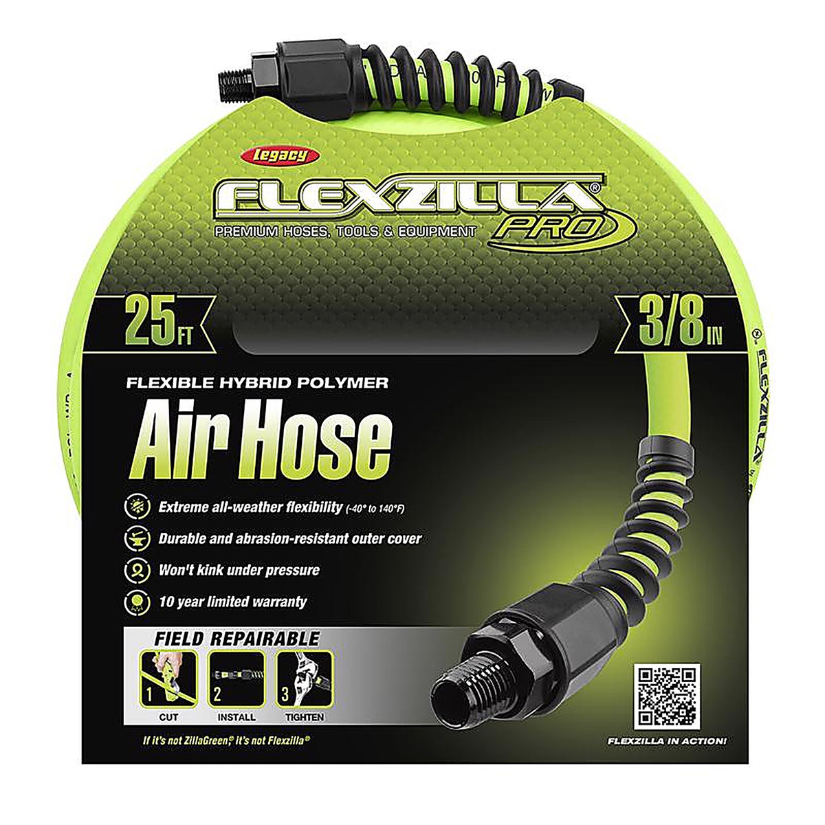 Flexzilla HFZP3825YW2 Pro 25 ft. L x 3/8 in. Dia. Hybrid Polymer Air Hose 300 psi Zilla Green