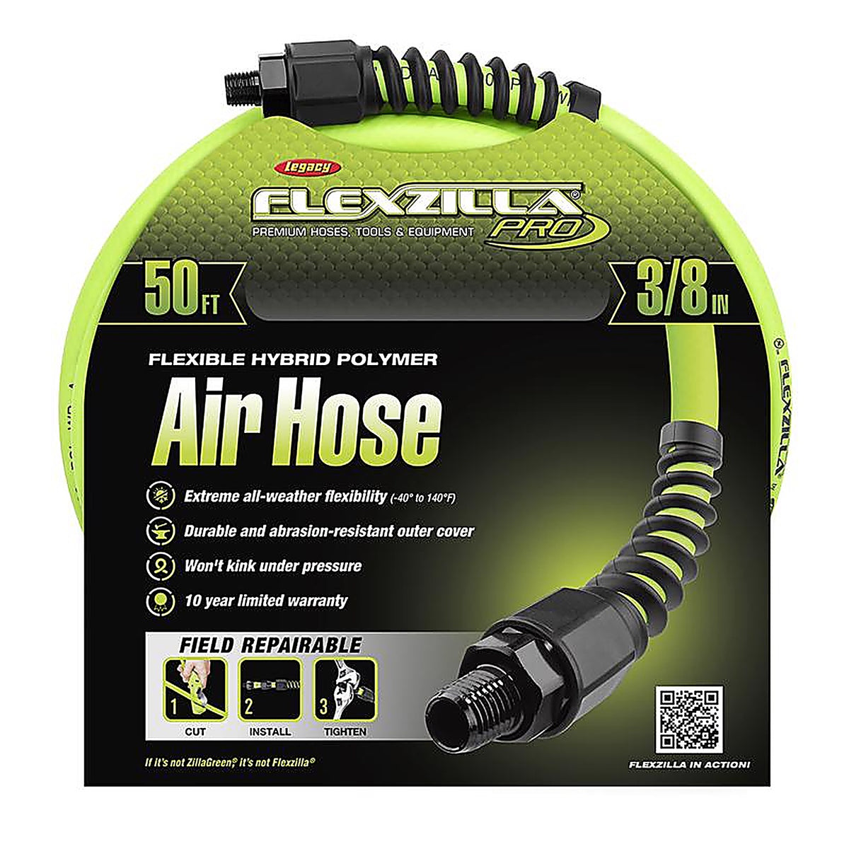 Flexzilla HFZP3850YW2 Pro 50 ft. L x 3/8 in. Dia. Hybrid Polymer Air Hose 300 psi Zilla Green