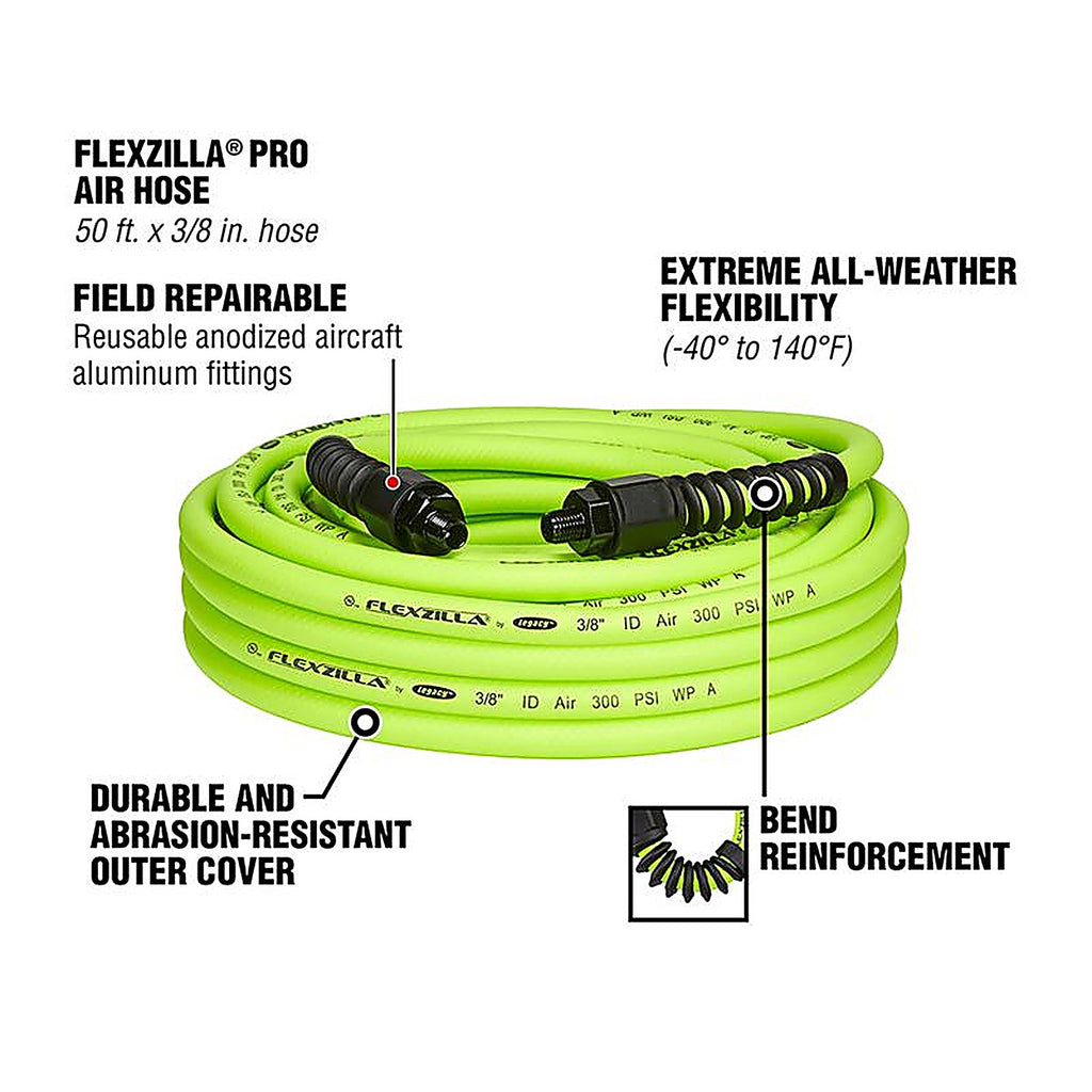 Flexzilla HFZP3850YW2 Pro 50 ft. L x 3/8 in. Dia. Hybrid Polymer Air Hose 300 psi Zilla Green