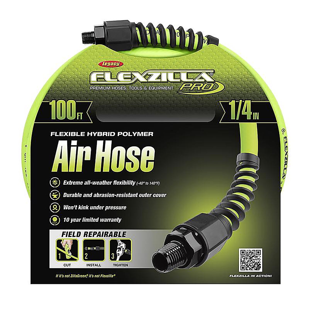 Flexzilla HFZP14100YW2 Pro 100 ft. L x 1/4 in. Dia. Hybrid Polymer Air Hose 300 psi Zilla Green