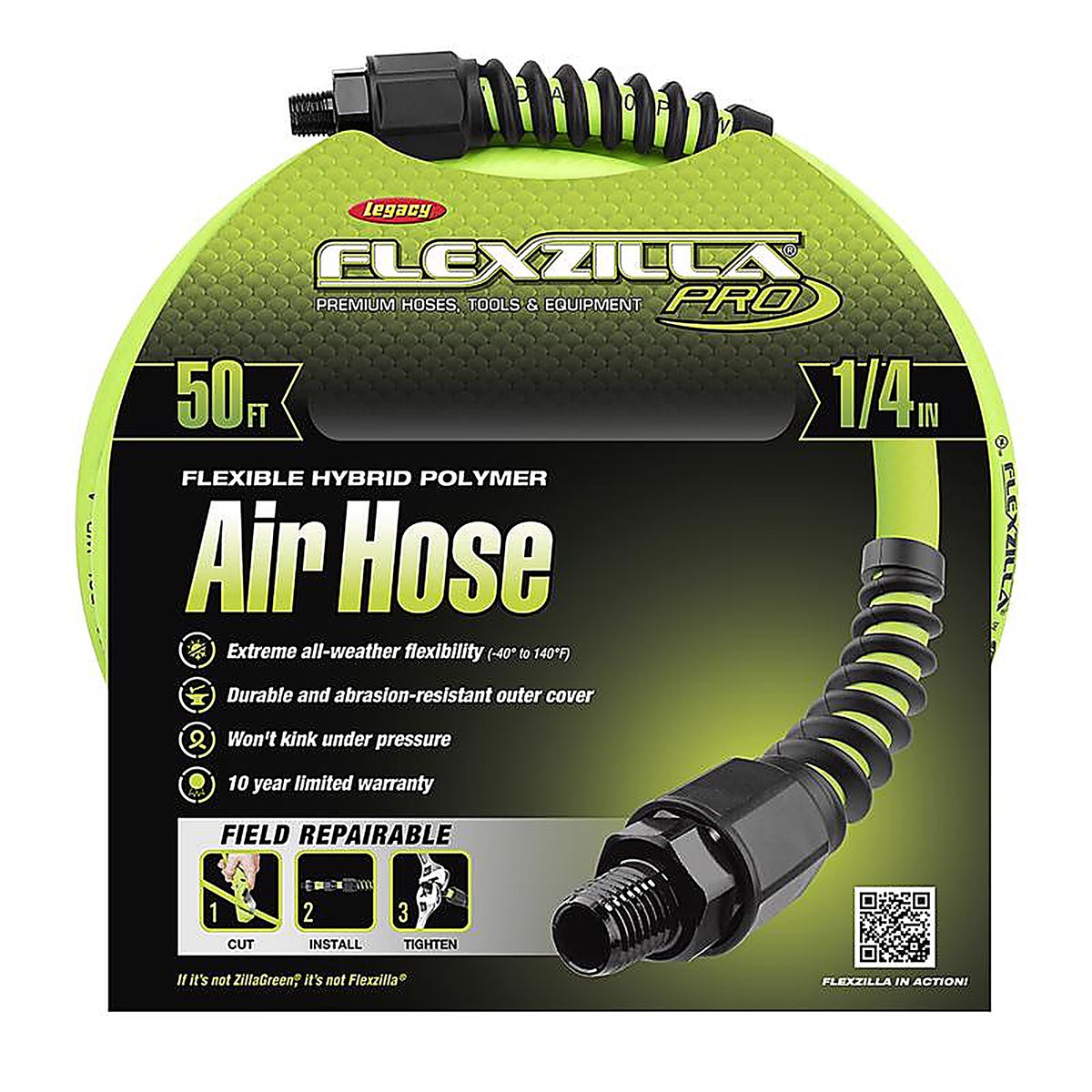Flexzilla HFZP1450YW2 Pro 50 ft. L x 1/4 in. Dia. Hybrid Polymer Air Hose 300 psi Zilla Green