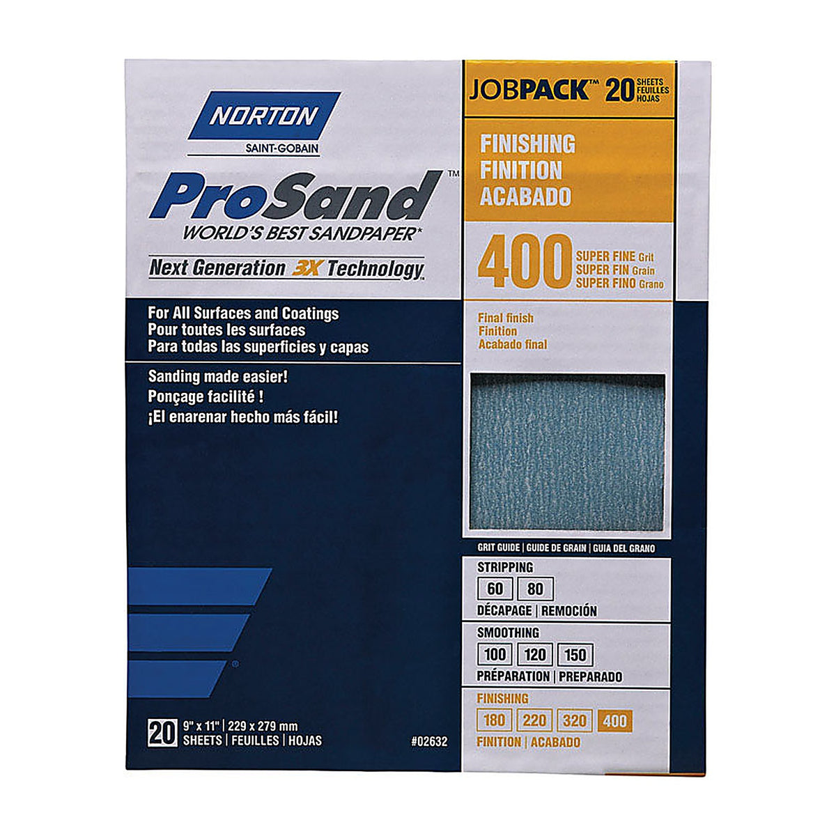 Norton 7660768165 ProSand 11 in. L x 9 in. W 400 Grit Aluminum Oxide Sandpaper 20/Pack