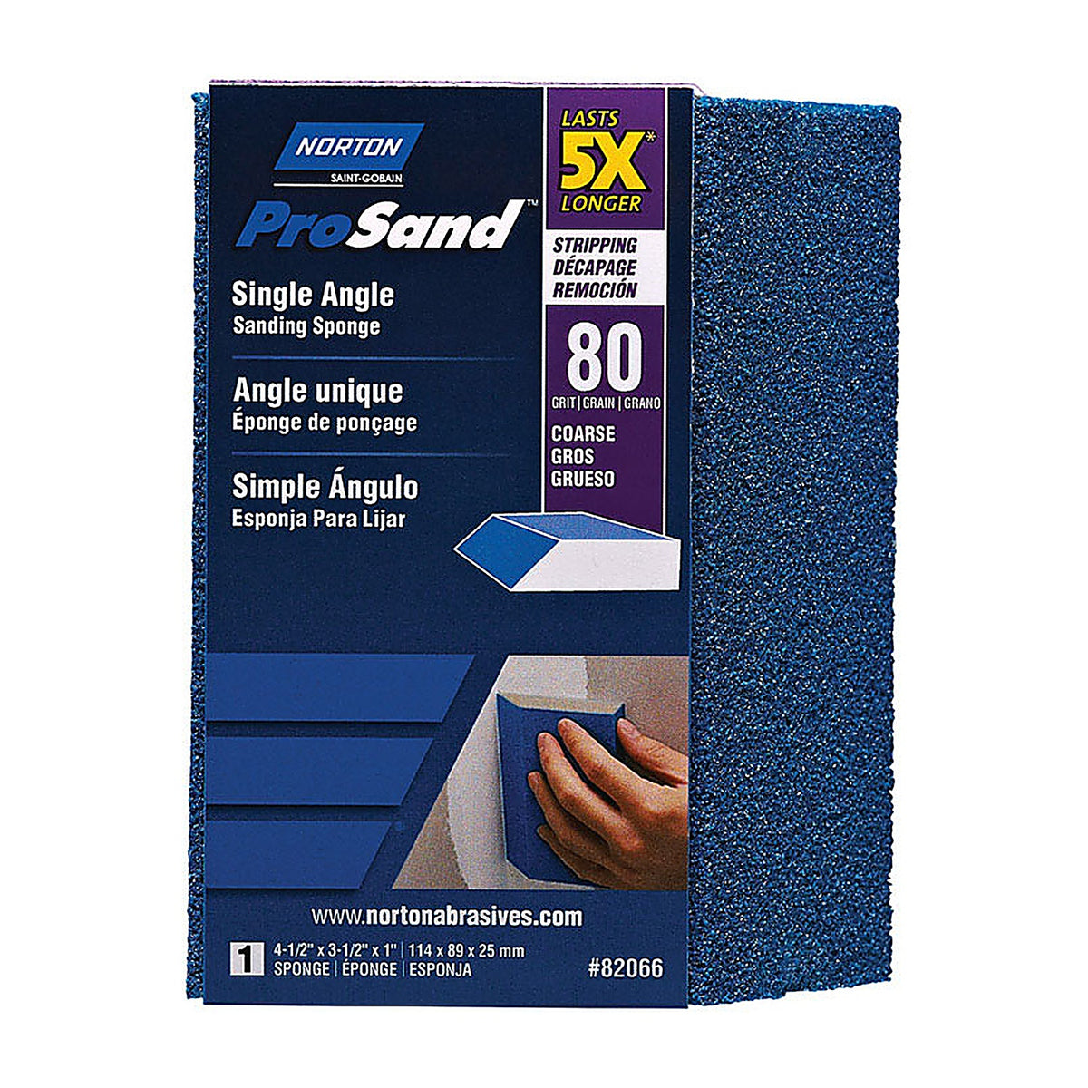 Norton 7660782066 ProSand 4.5 in. L x 3.5 in. W x 1 in. 80 Grit Coarse Single Angle Sanding Sponge