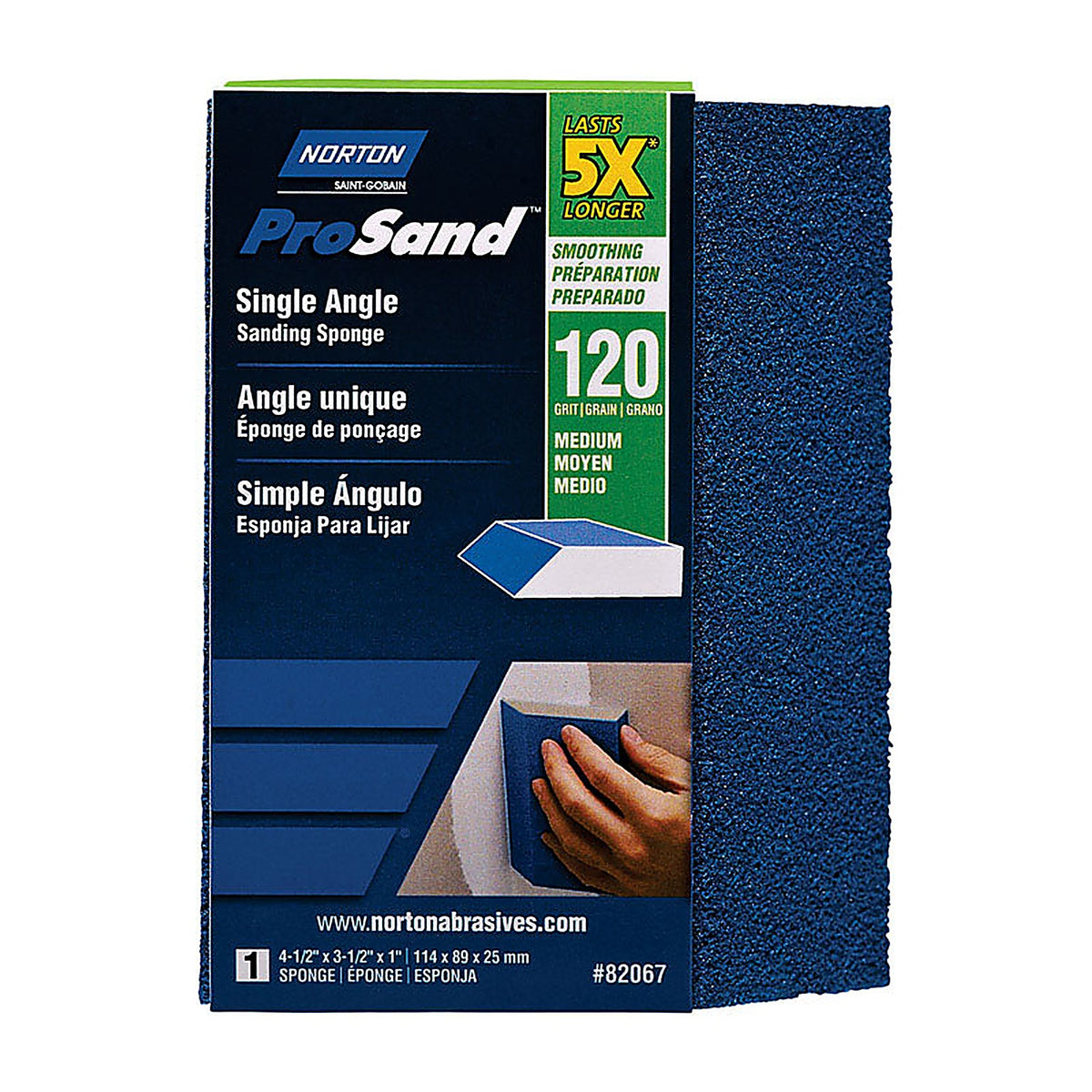Norton 7660782067 ProSand 4.5 in. L x 3.5 in. W x 1 in. 120 Grit Medium Single Angle Sanding Sponge
