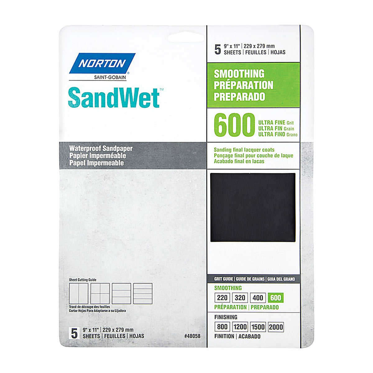 Norton 7660748058 SandWet 11 in. L x 9 in. W 600 Grit Aluminum Oxide Waterproof Sandpaper 5/Pack