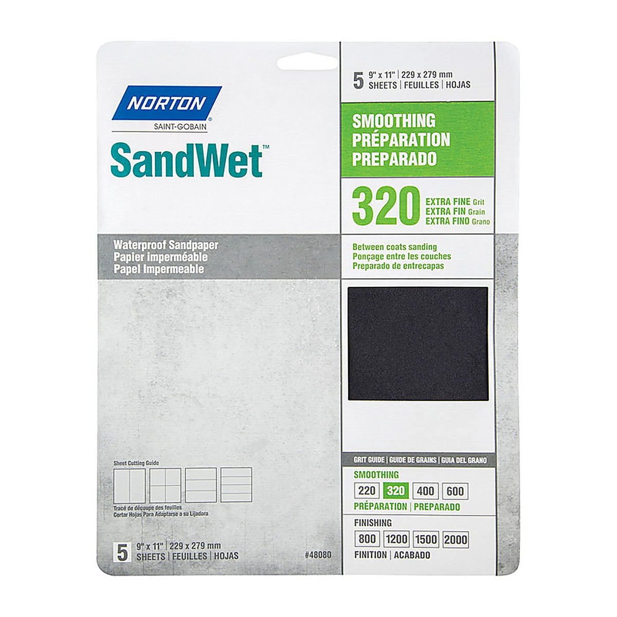 Norton 7660748080 SandWet 11 in. L x 9 in. W 320 Grit Aluminum Oxide Waterproof Sandpaper 5/Pack