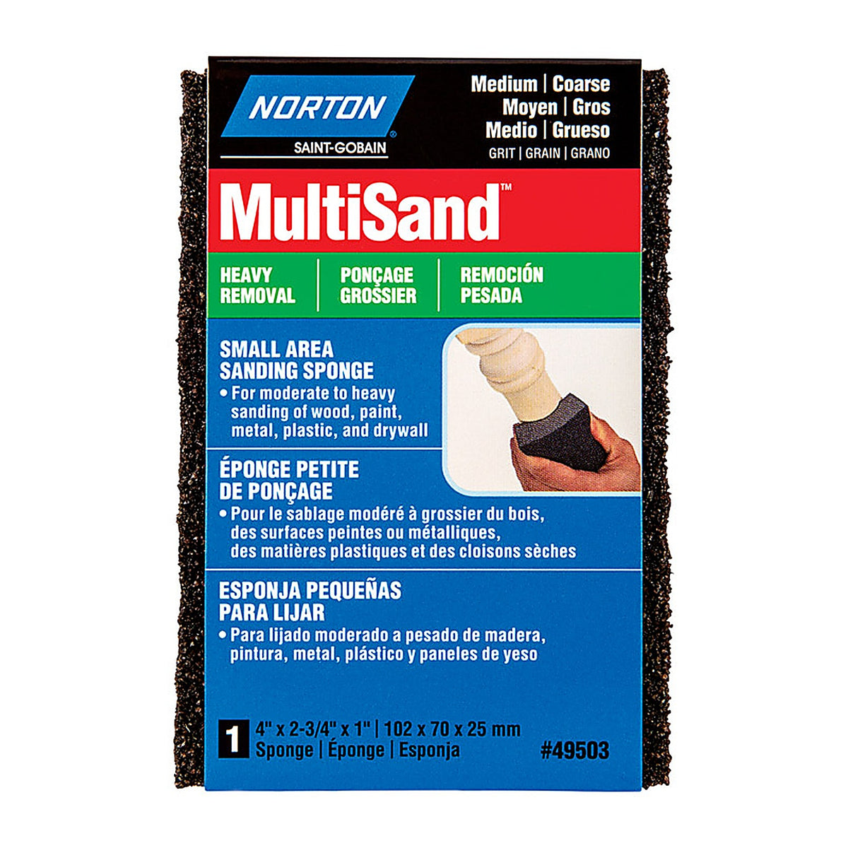 Norton 7660749503 MultiSand 4 in. L x 2.75 in. W x 1 in. 60/80 Grit Coarse/Medium Small Area Sanding Sponge