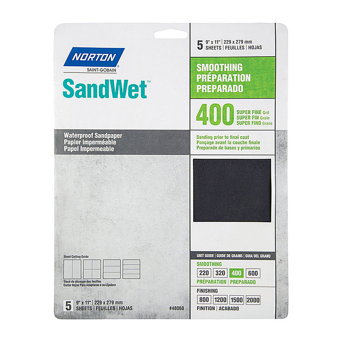 Norton 7660748060 SandWet 11 in. L x 9 in. W 400 Grit Aluminum Oxide Waterproof Sandpaper 5/Pack