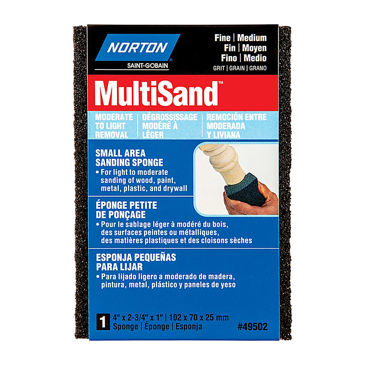 Norton 7660749502 MultiSand 4 in. L x 2.75 in. W x 1 in. 80/120 Grit Fine/Medium Small Area Sanding Sponge