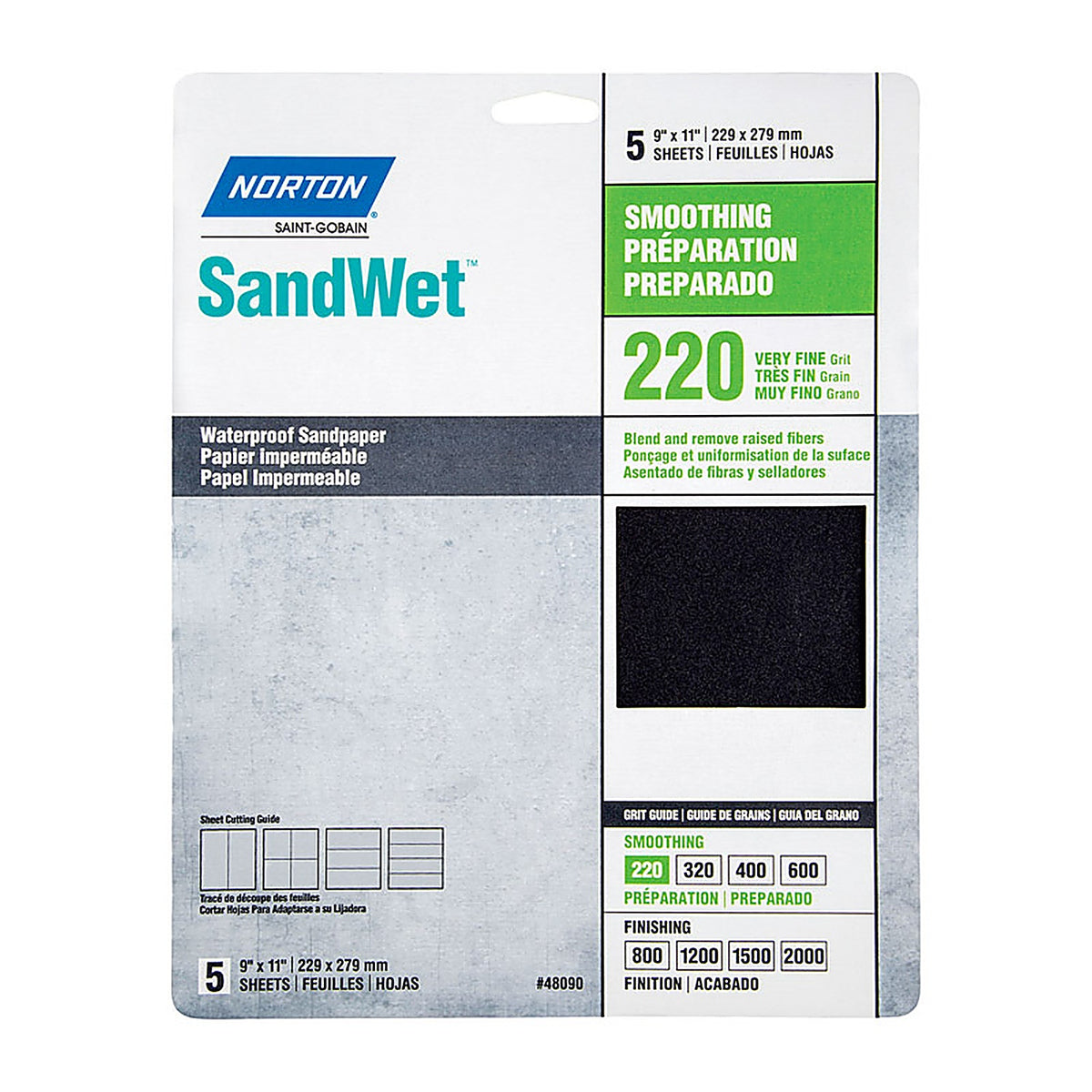 Norton 7660748090 SandWet 11 in. L x 9 in. W 220 Grit Aluminum Oxide Waterproof Sandpaper 5/Pack