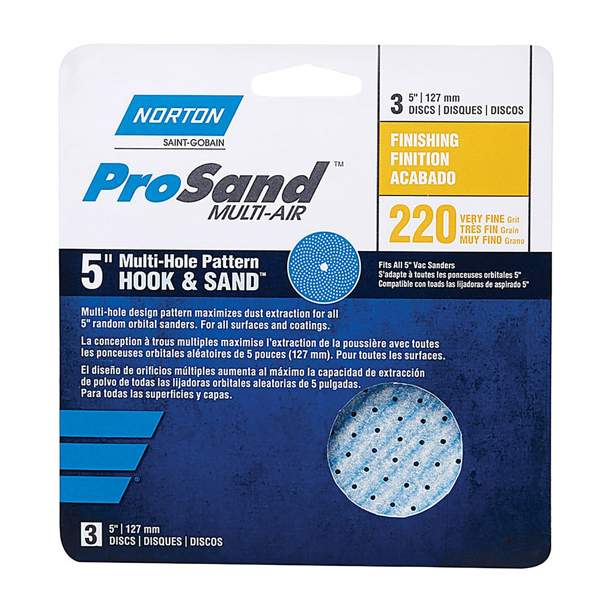 Norton 7660703227 ProSand 5 in. Ceramic Alumina Hook and Loop A975 Sanding Disc 220 Grit Very Fine 3/Pack