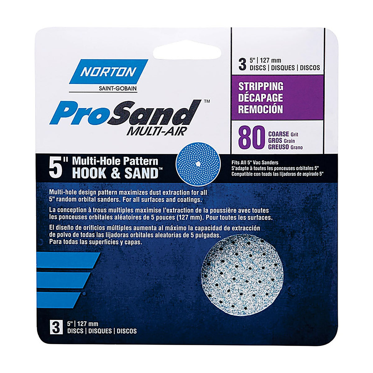 Norton 7660703232 ProSand 5 in. Ceramic Alumina Hook and Loop A975 Sanding Disc 80 Grit Coarse 3/Pack